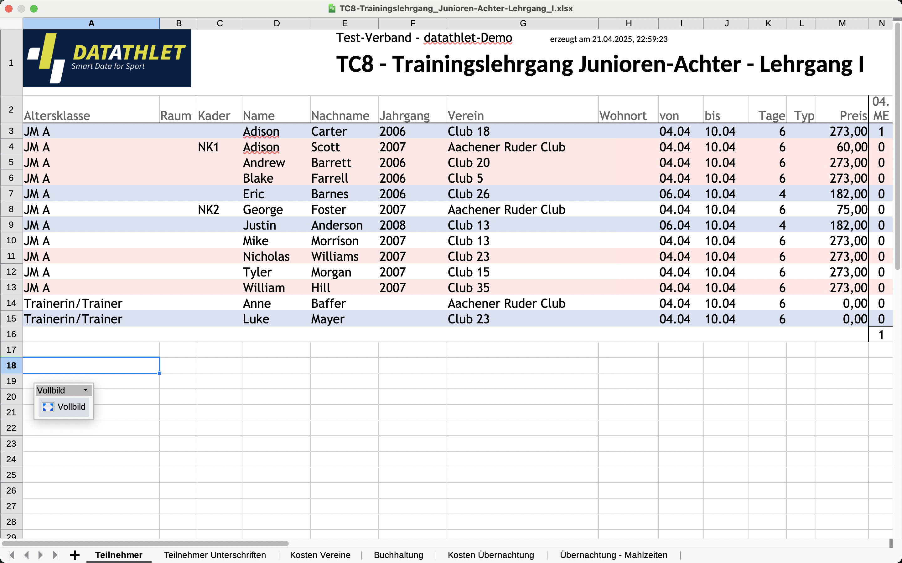 Lehrgang Export XLSX